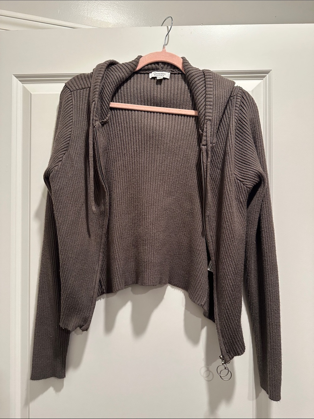 Cropped Ribbed Hooded Zip Cardigan - Taupe